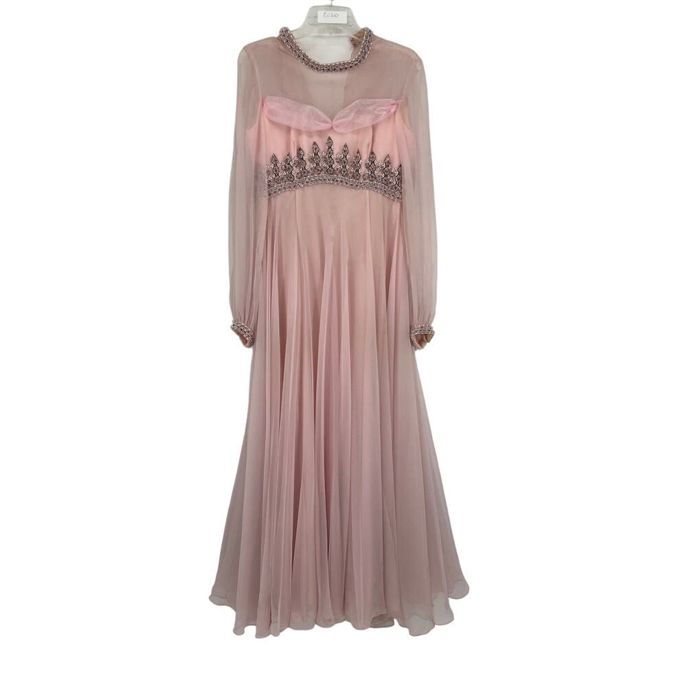 Bridgerton 60s Victoria Royal Light Pink Beaded Empire Waist Chiffon Gown UK 12